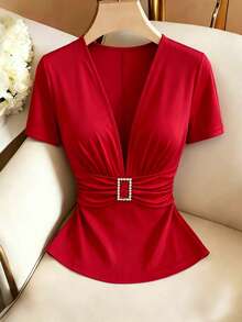 Elenzga Summer New V-Neck T-Shirt For Women, Rhinestone Button Decor, Waist Cinching, Commuting & Sexy Style