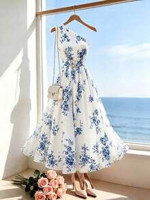SHEIN Franclia White And Blue Floral,Summer,Elegant,Holiday,Tea Party,Holiday Women's Asymmetrical Shoulder Slit Maxi Dress For Beach Vacation,Daily Travel & Date
