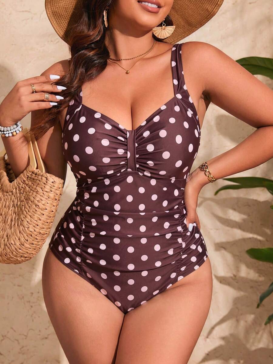 Jednobojni jednodelni kupaći kostim za žene plus size sa nabranim detaljima