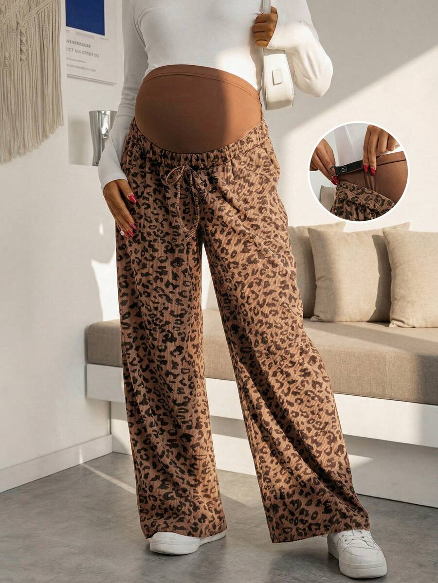 Trudničke pantalone sa leopard printom, elastične, širokih nogavica, visokog struka