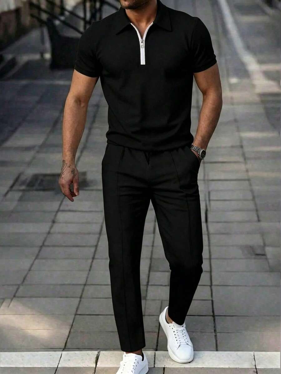 Letnji set sa polo majicom kratkih rukava  i ležernim pantalonama sa kosim džepovima