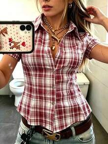 INAWLY Women's Polo Collar Short Sleeve Fitted Shirt
