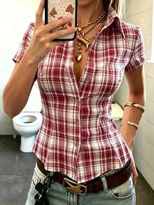 INAWLY Women's Polo Collar Short Sleeve Fitted Shirt