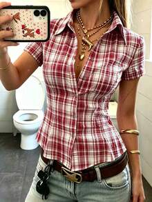 INAWLY Women's Polo Collar Short Sleeve Fitted Shirt