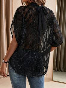 EMERY ROSE Light Blue Tassel Sheer Batwing Short Sleeve Shirt, Elegant Casual Vacation Top For Women Spring Summer