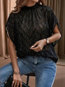 EMERY ROSE Light Blue Tassel Sheer Batwing Short Sleeve Shirt, Elegant Casual Vacation Top For Women Spring Summer