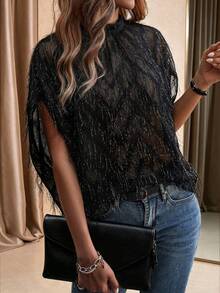 EMERY ROSE Light Blue Tassel Sheer Batwing Short Sleeve Shirt, Elegant Casual Vacation Top For Women Spring Summer