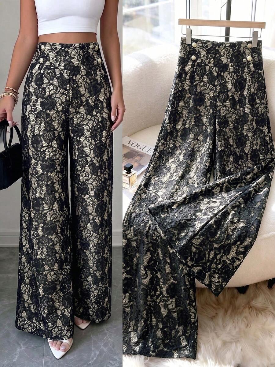 Ženske letnje elegantne pantalone sa čipkom i raširenim nogavicama, visokog struka