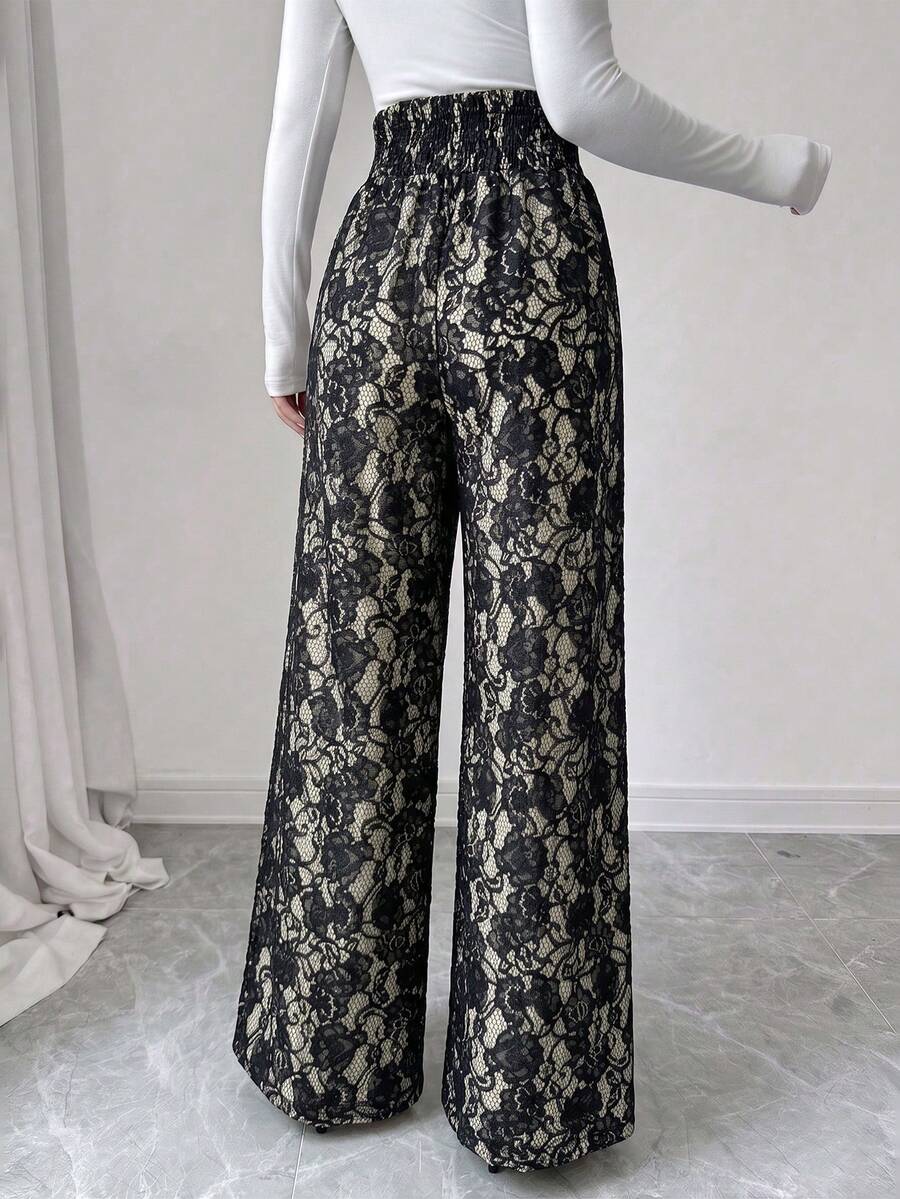 Ženske letnje elegantne pantalone sa čipkom i raširenim nogavicama, visokog struka