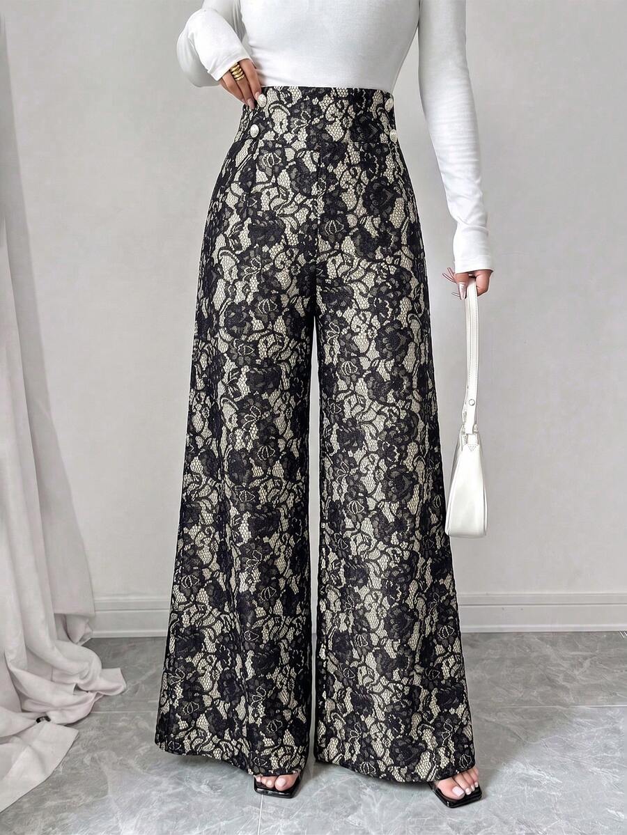Ženske letnje elegantne pantalone sa čipkom i raširenim nogavicama, visokog struka