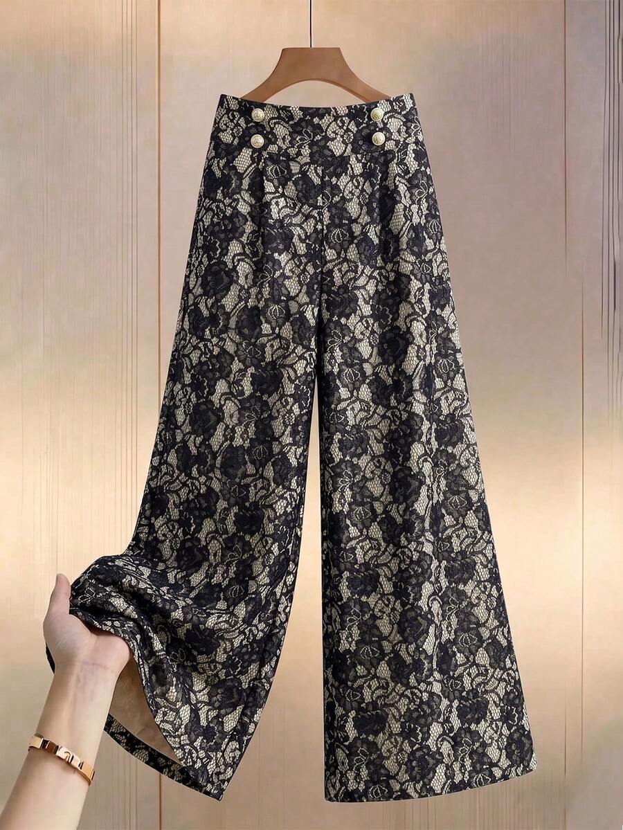 Ženske letnje elegantne pantalone sa čipkom i raširenim nogavicama, visokog struka
