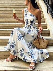 SHEIN Franclia White And Blue Floral,Summer,Elegant,Holiday,Tea Party,Holiday Women's Asymmetrical Shoulder Slit Maxi Dress For Beach Vacation,Daily Travel & Date