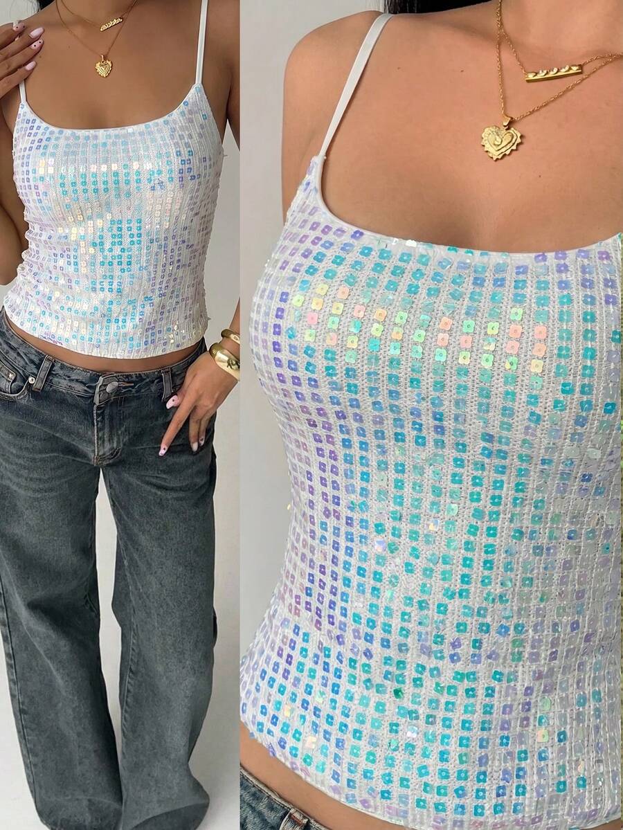 Aloruh Women's New Lace & Sequin Splice Sexy Camisole, Streetwear