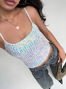Aloruh Women's New Lace & Sequin Splice Sexy Camisole, Streetwear