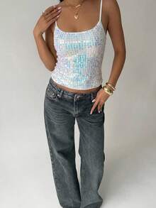 Aloruh Women's New Lace & Sequin Splice Sexy Camisole, Streetwear