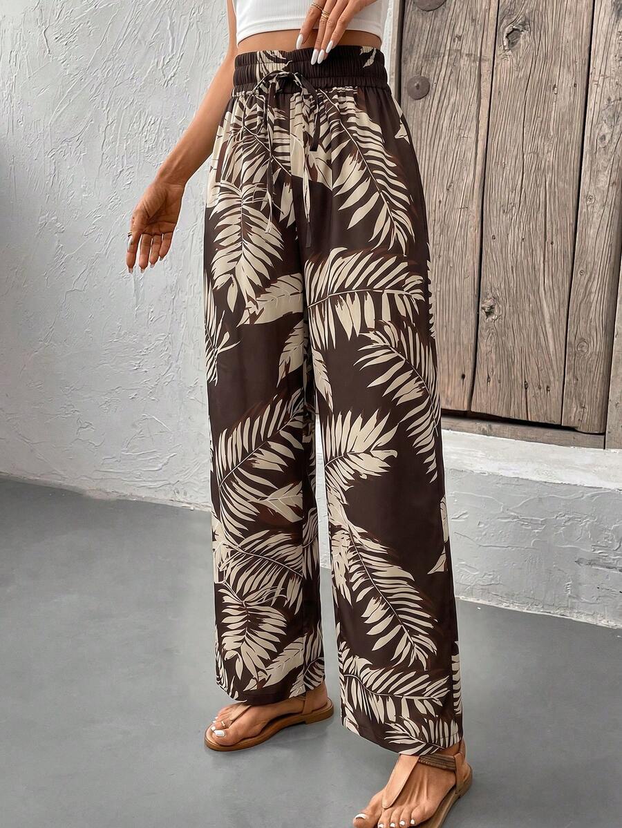 Ženske pantalone sa printom tropskih biljaka, visokog struka