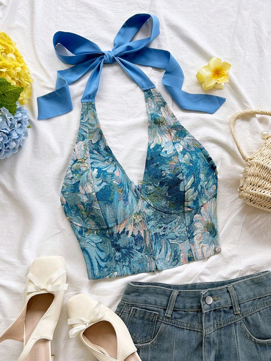 Soleia Women's Pastoral Style Casual Fashion Versatile Cropped Oil Painting Floral Print Halter Neck Tie Top Vacation Blue Floral Summer