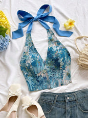 Soleia Women's Pastoral Style Casual Fashion Versatile Cropped Oil Painting Floral Print Halter Neck Tie Top Vacation Blue Floral Summer