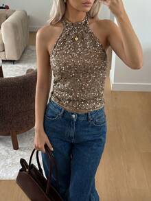 Lucivie Women's Elegant Coffee Brown Sequin Sparkly Halter Neck Top,Seksi Chic Backless Ruched Sleeveless Cami Blouse For Summer,Club Night,Party & Wedding