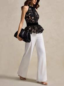 Aliao Elegant Lace Embroidered Backless Bow Tie Spaghetti Strap Mermaid Hem Sheer Blouse