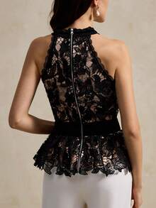 Aliao Elegant Lace Embroidered Backless Bow Tie Spaghetti Strap Mermaid Hem Sheer Blouse