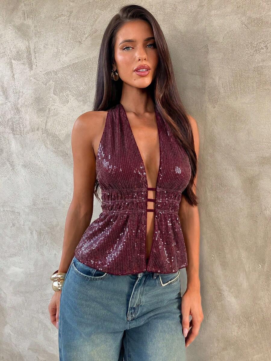 Halter Top Bez Leđa sa Šljokicama