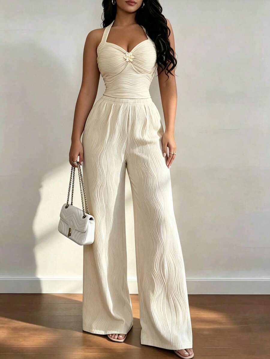 Ženski set  Metalni Cvietni Dekor Crop Top  + pantalone