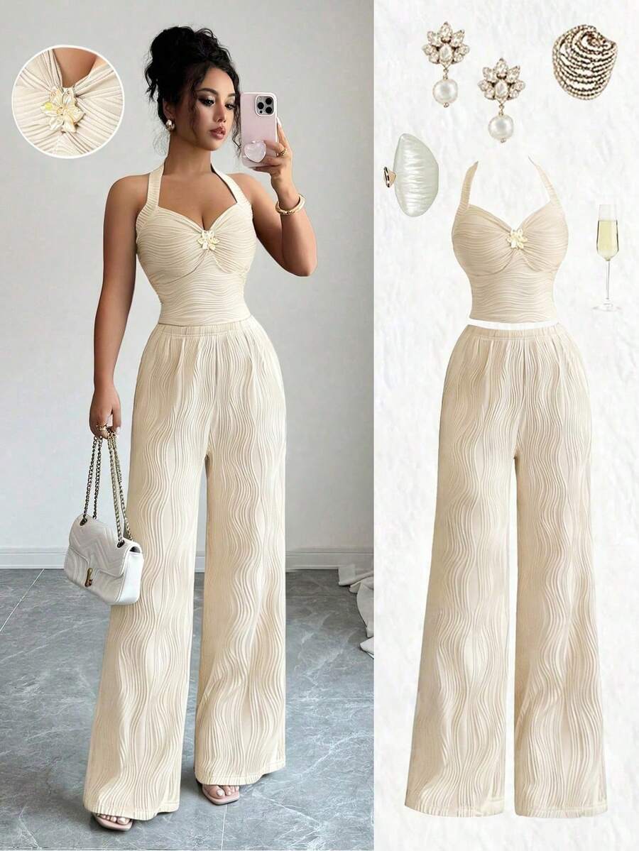 Ženski set  Metalni Cvietni Dekor Crop Top  + pantalone