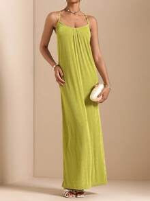 Vesra Women's Solid Color Halter Neck Backless Elegant Flare Long Dress
