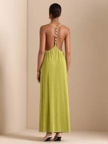 Vesra Women's Solid Color Halter Neck Backless Elegant Flare Long Dress