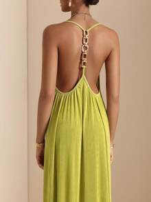 Vesra Women's Solid Color Halter Neck Backless Elegant Flare Long Dress