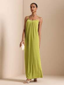 Vesra Women's Solid Color Halter Neck Backless Elegant Flare Long Dress