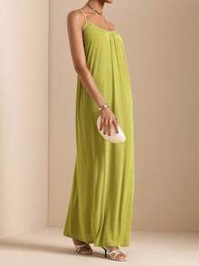 Vesra Women's Solid Color Halter Neck Backless Elegant Flare Long Dress