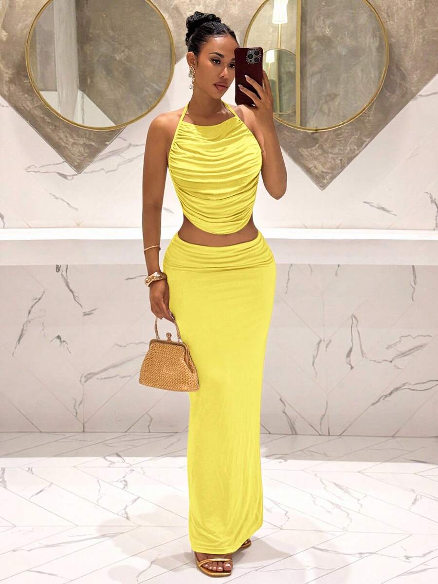 Ženski Set  - Halter Dekolte Ruffles Top & Maxi Suknja