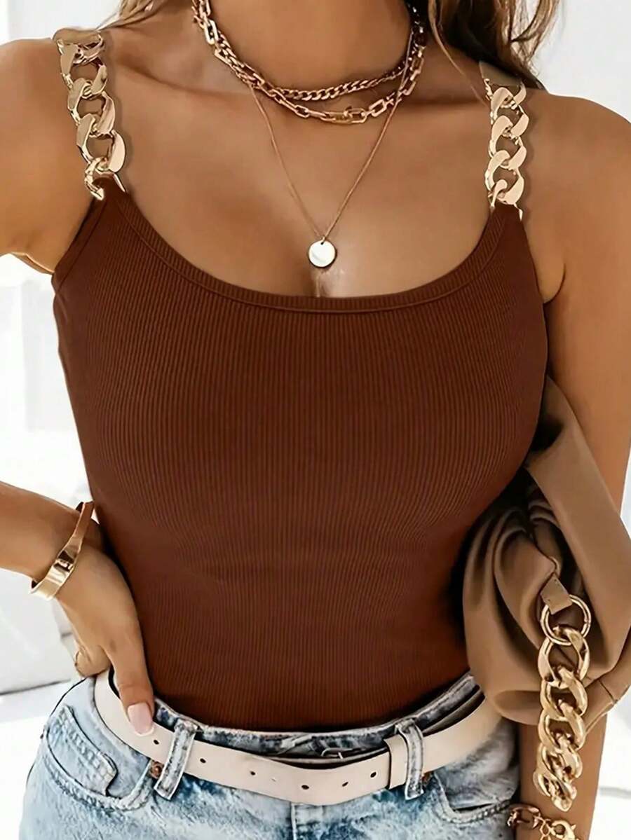 NostaNoir Women Chain Decorated Ribbed Slim Fit Cami Top Summer