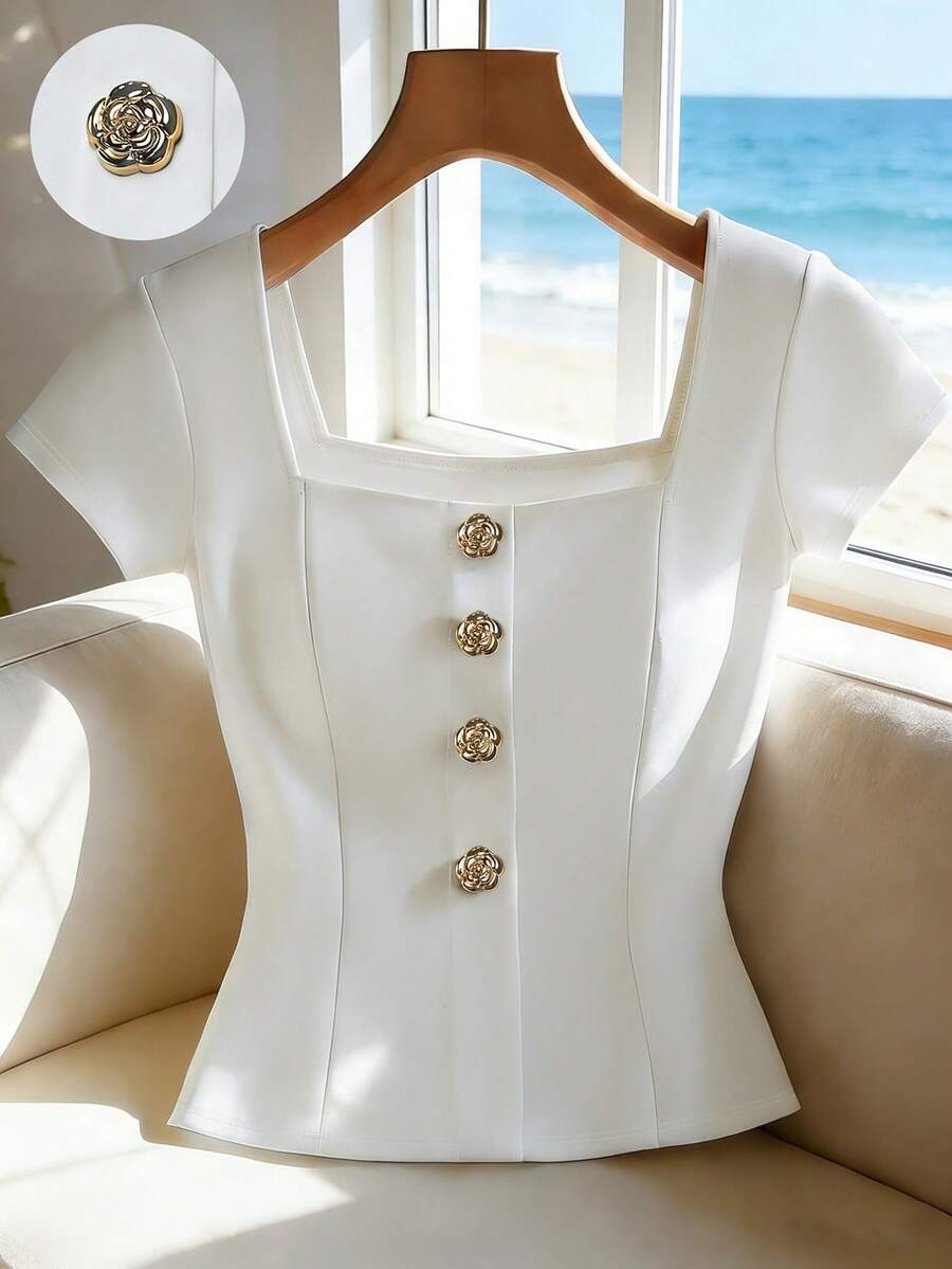 Franclia Women's Square Neck Front Button Decorated Short Sleeve T-Shirt,Business Casual Elegant White Gold Summer Ellegant Holiday Tea Party Holiday Blouse