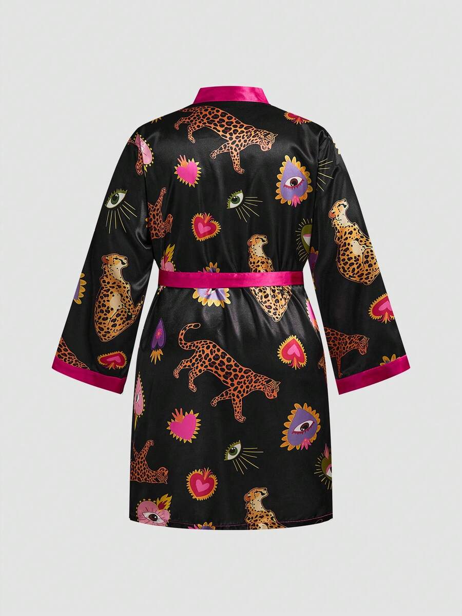 Ženski satenski kućna ogrtač plus size sa printom vibrantnih srca, leopard očiju i jednobojnim dezenom