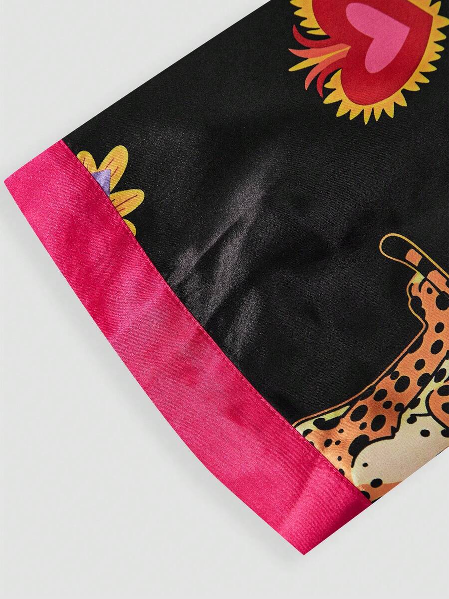 Ženski satenski kućna ogrtač plus size sa printom vibrantnih srca, leopard očiju i jednobojnim dezenom