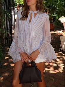 Women's Striped Chiffon Blouse, Elegant V-Neck Ruffle Sleeve Design, Flowing Shirt With Necktie