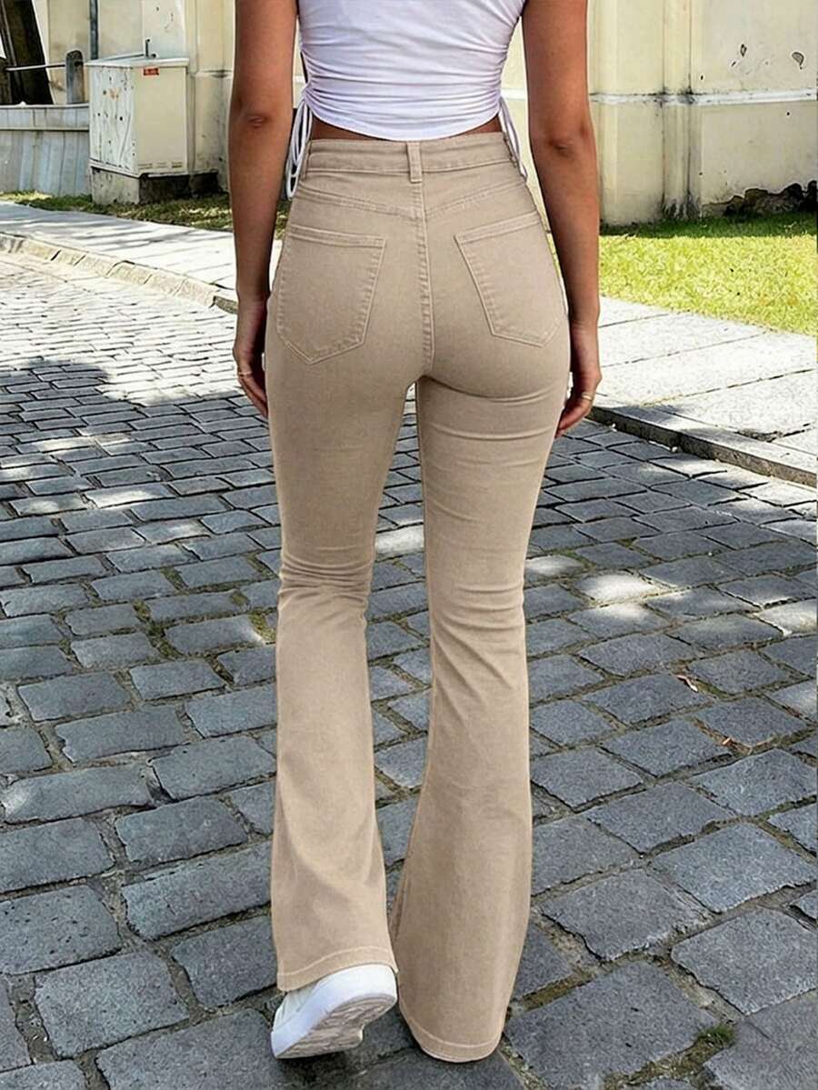 Ženske Svakodnevne Pantalone sa Rajsferšlusom i Dugmetom – Široke Nogavice, Prirodni Struk