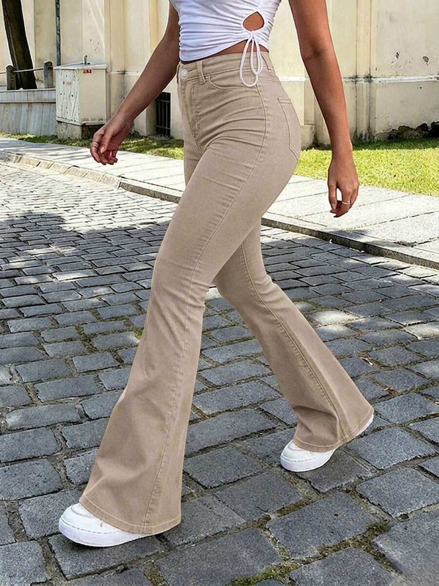 Ženske Svakodnevne Pantalone sa Rajsferšlusom i Dugmetom – Široke Nogavice, Prirodni Struk