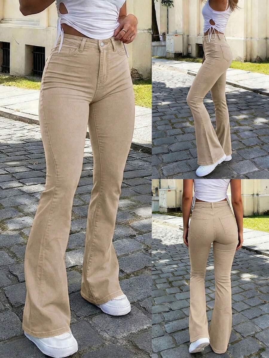Ženske Svakodnevne Pantalone sa Rajsferšlusom i Dugmetom – Široke Nogavice, Prirodni Struk