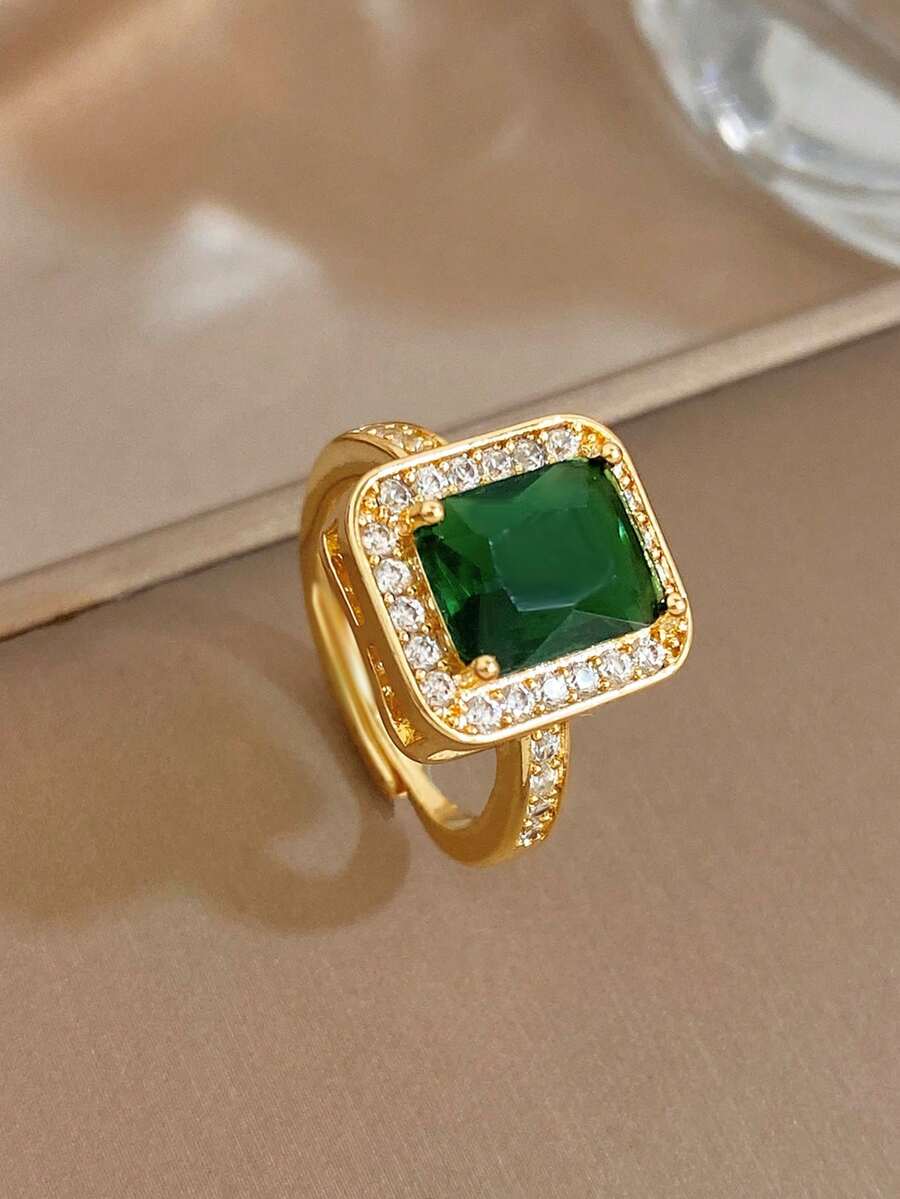 Luksuzan set prstenja za žene pozlaćenog 18K zlatom sa zelenim cirkonom
