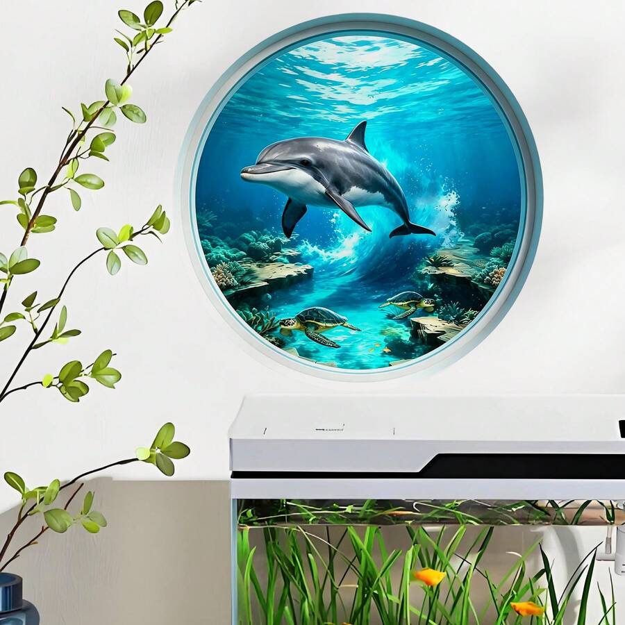3D samolepljive zidne nalepnice sa okeanskim pogledom kroz iluminator sa delfinom pod vodom