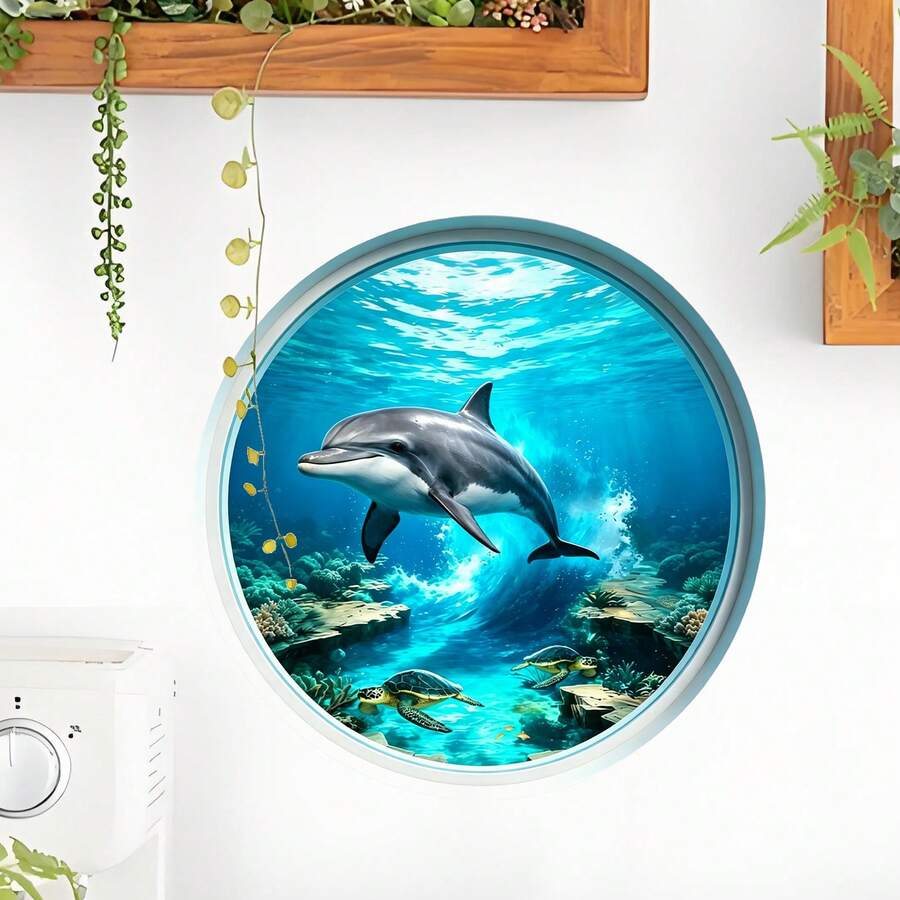 3D samolepljive zidne nalepnice sa okeanskim pogledom kroz iluminator sa delfinom pod vodom