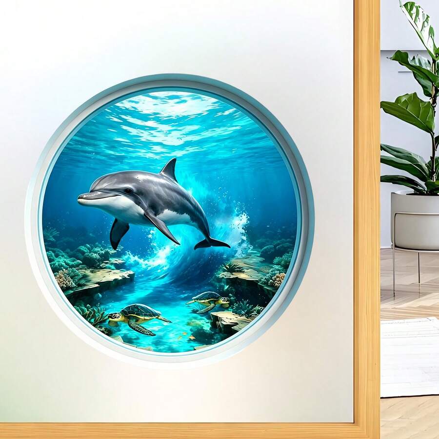 3D samolepljive zidne nalepnice sa okeanskim pogledom kroz iluminator sa delfinom pod vodom
