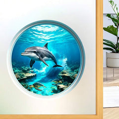 3D samolepljive zidne nalepnice sa okeanskim pogledom kroz iluminator sa delfinom pod vodom