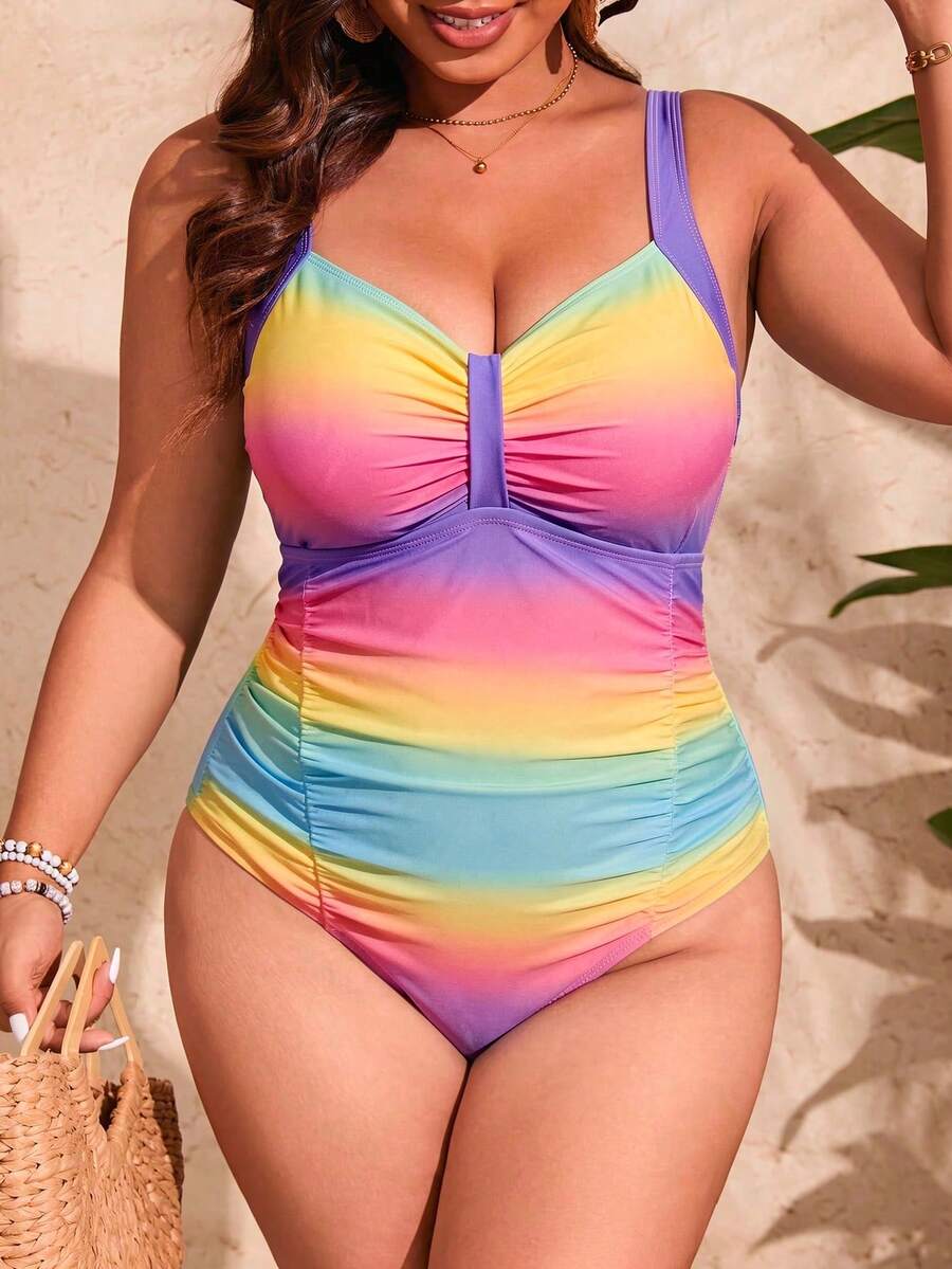Jednobojni jednodelni kupaći kostim za žene plus size sa nabranim detaljima