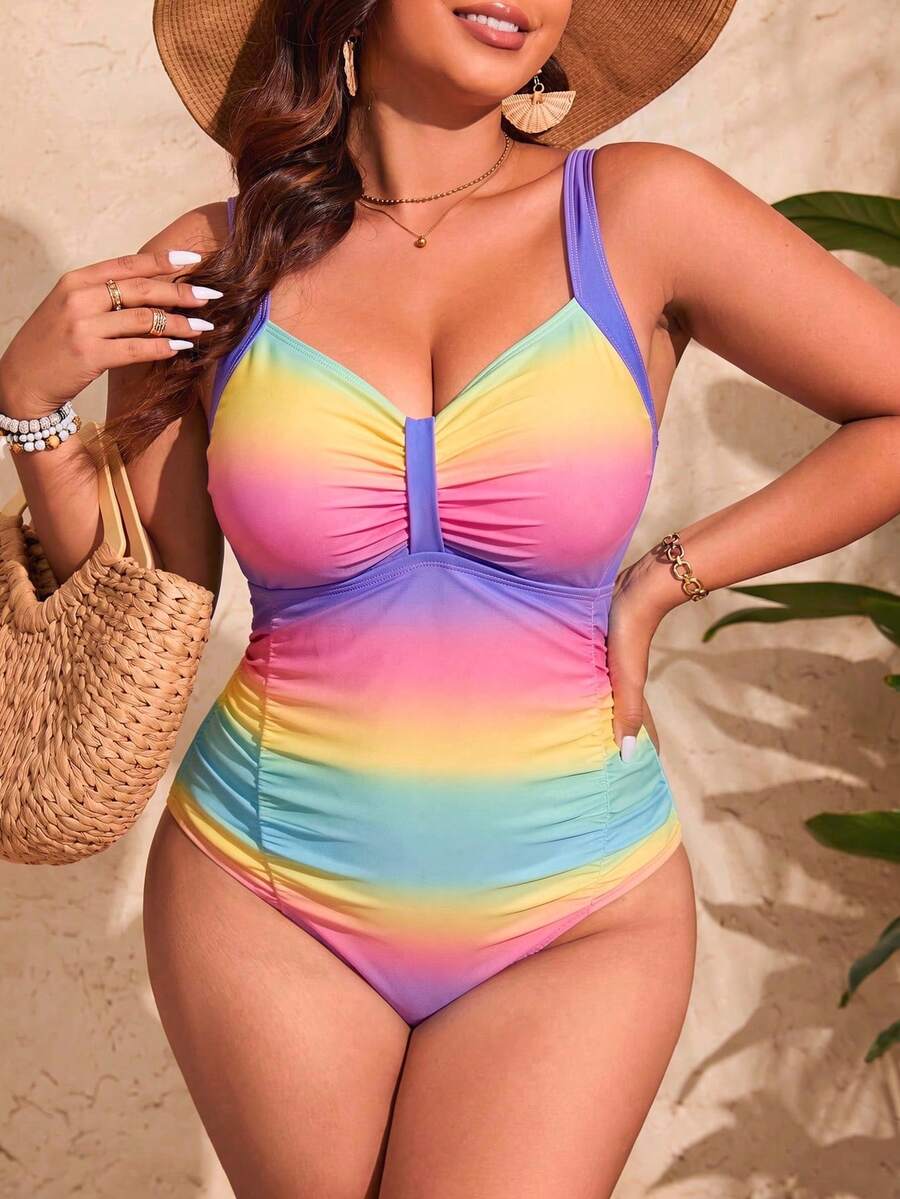 Jednobojni jednodelni kupaći kostim za žene plus size sa nabranim detaljima