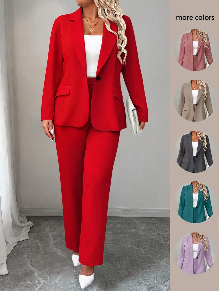 Ženski komplet sako i pantalone u jednobojnoj boji, plus size